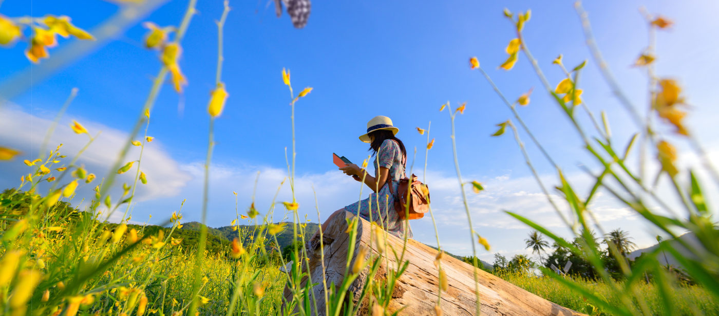 Woman enjoying reading a book on a timber log in the middle of a field of wildflowers